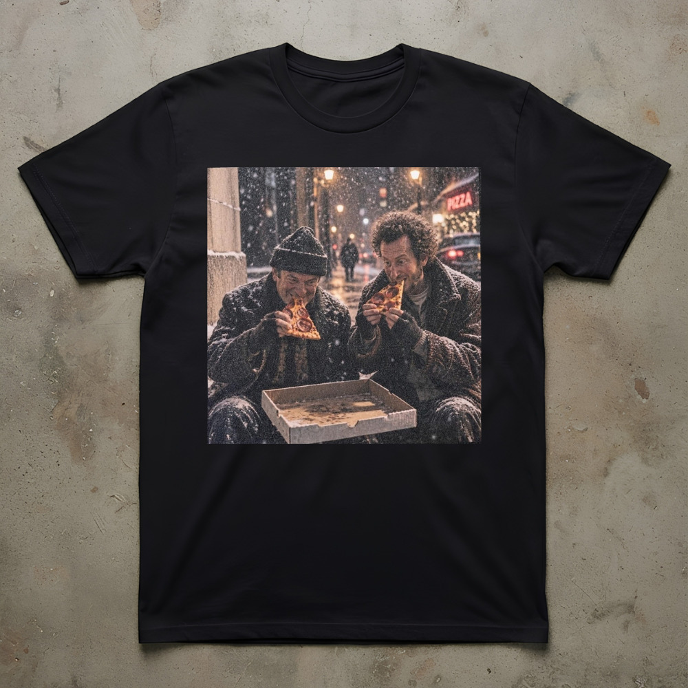 Home Alone Wet Bandits Harry and Marv Eating Pizza Snow Winter T-Shirt